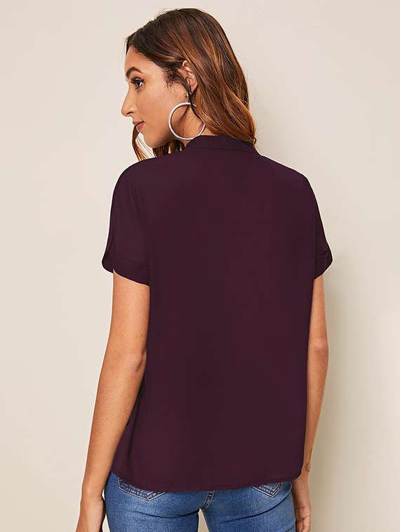 women solid mandarin neck short sleeve top - 22268029 -  Standard Image - 3