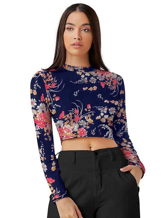 women floral print long sleeve crop top