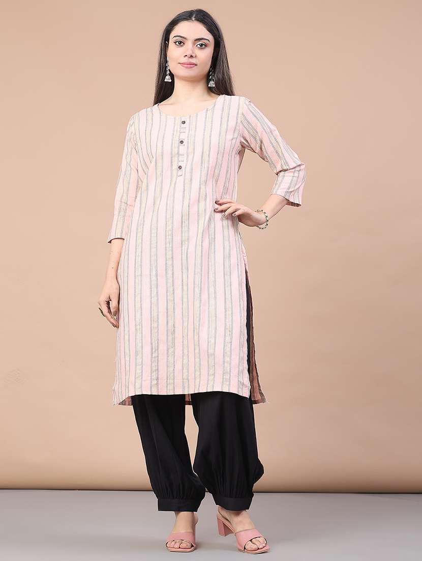women striped three quarter sleeve straight kurta