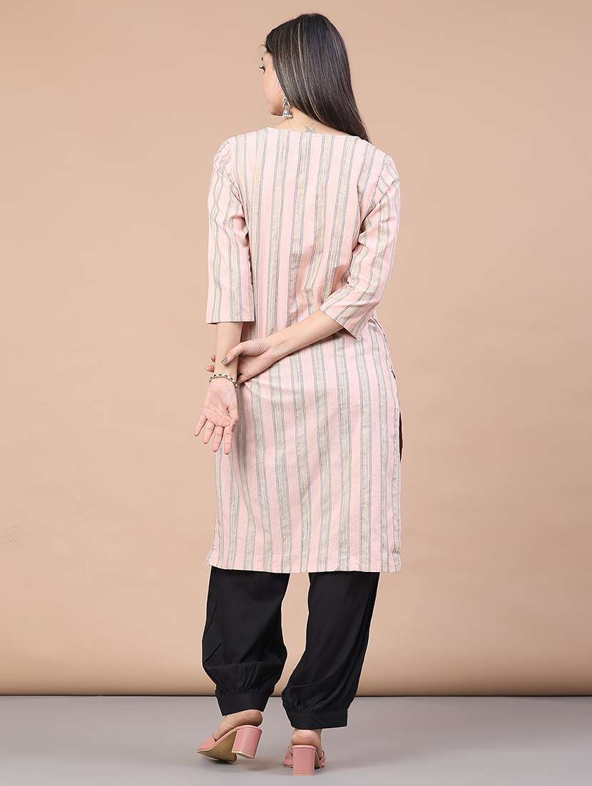 women striped three quarter sleeve straight kurta - 22268292 -  Standard Image - 3