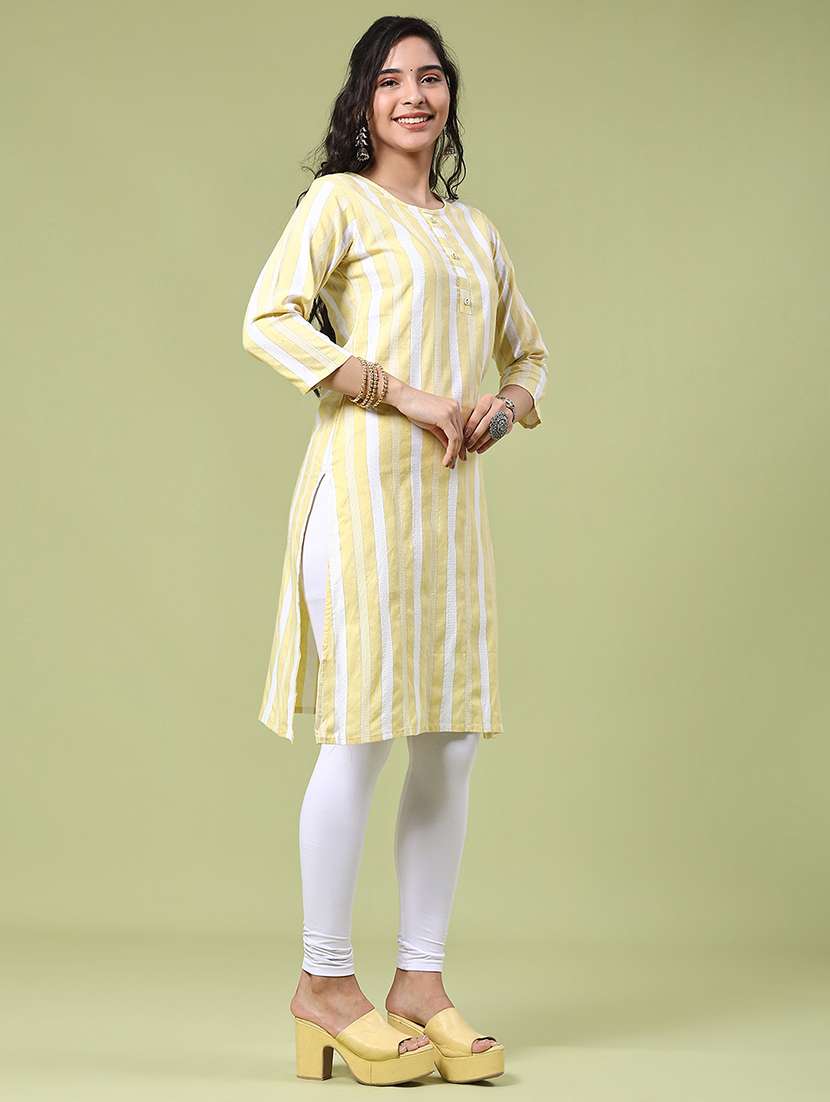 women striped three quarter sleeve straight kurta - 22268295 -  Standard Image - 3