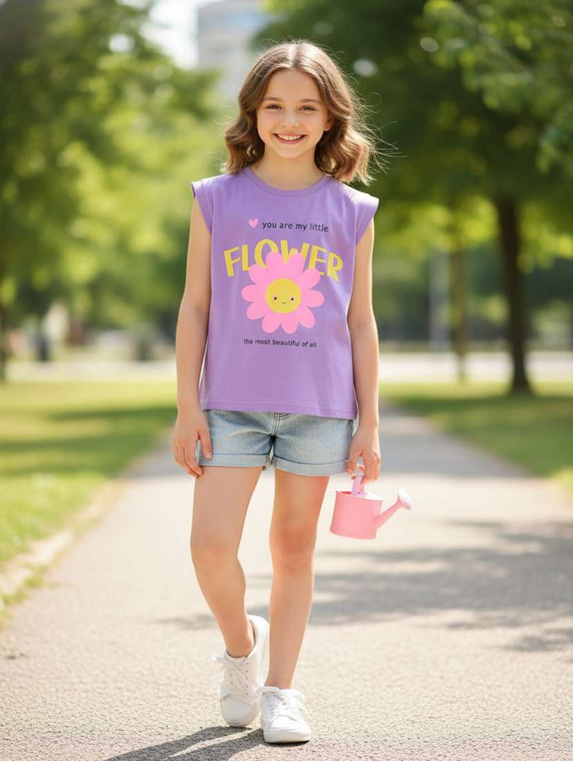 girls printed round neck regular fit tee