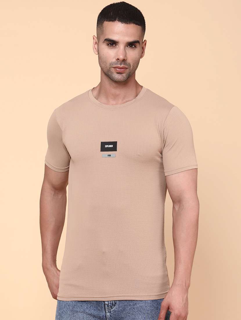 men beige polyester plain t-shirt