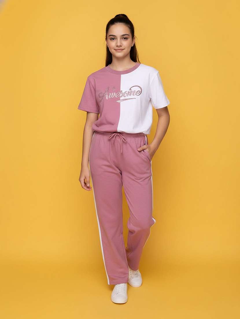 girls colourblocked round neck active wear set