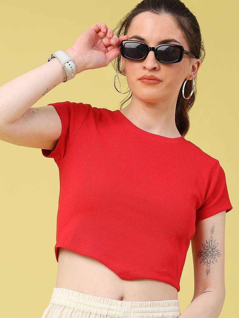 women solid short sleeve crop t-shirt