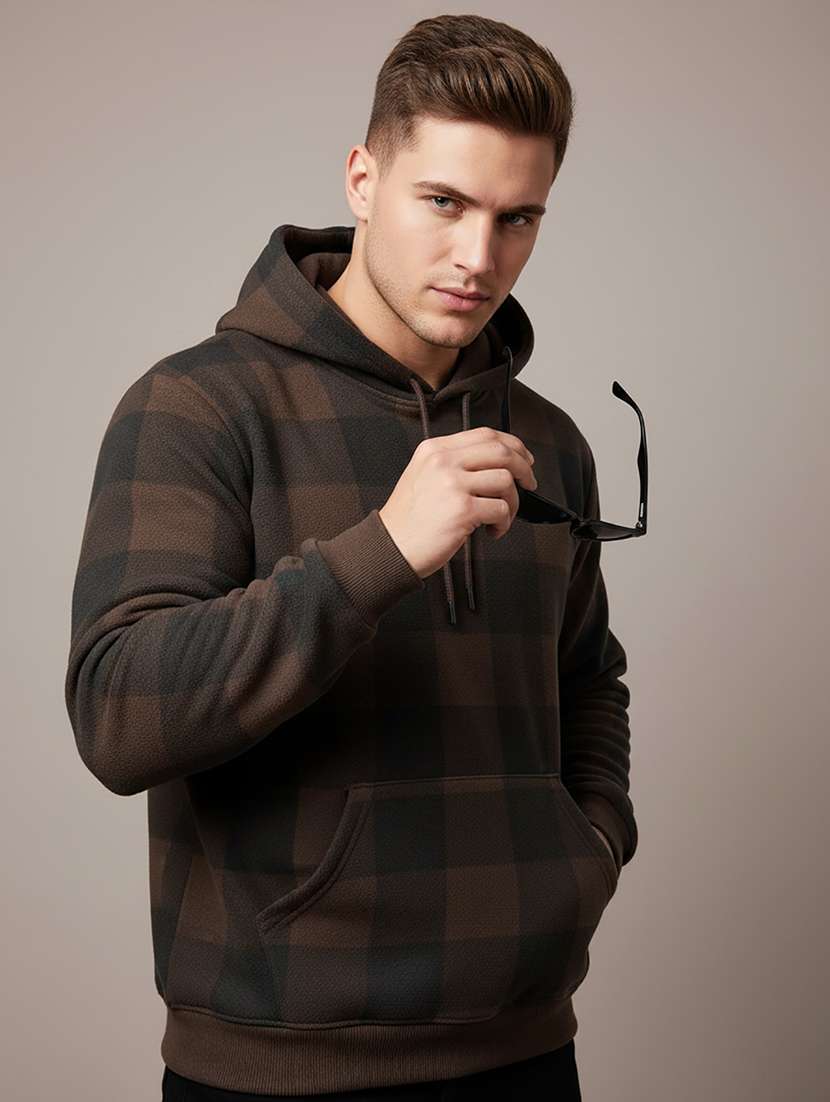 men checkered long sleeve hooded sweatshirt
