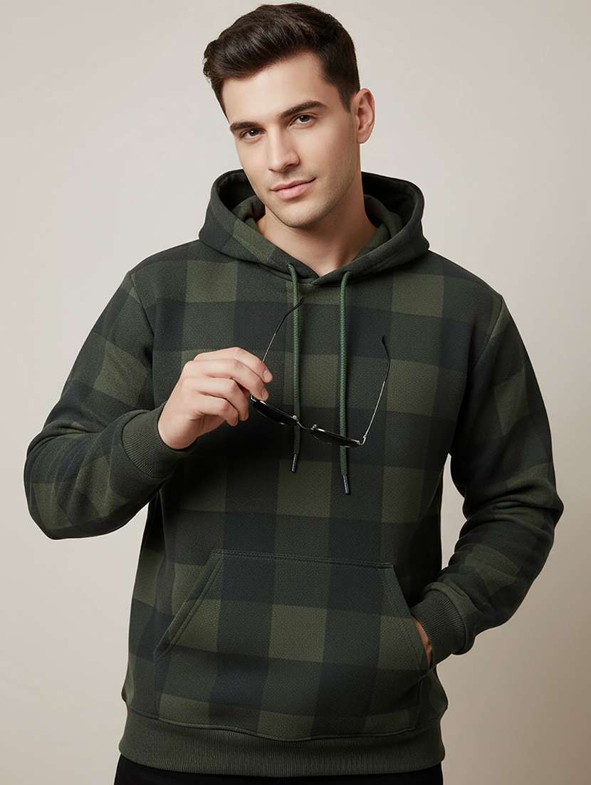 men checkered long sleeve hooded sweatshirt