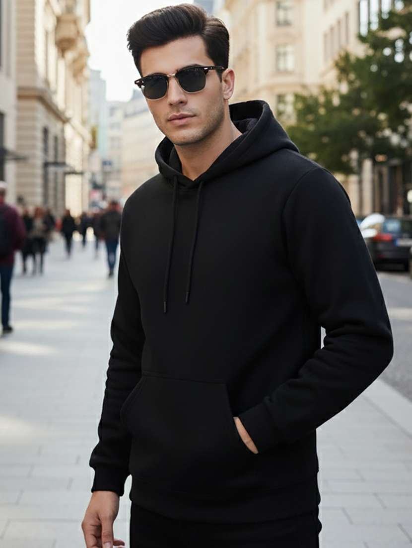 men solid long sleeve hooded sweatshirt