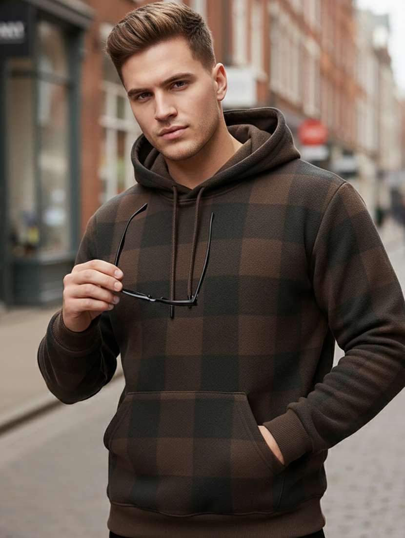 men checkered long sleeve hooded sweatshirt