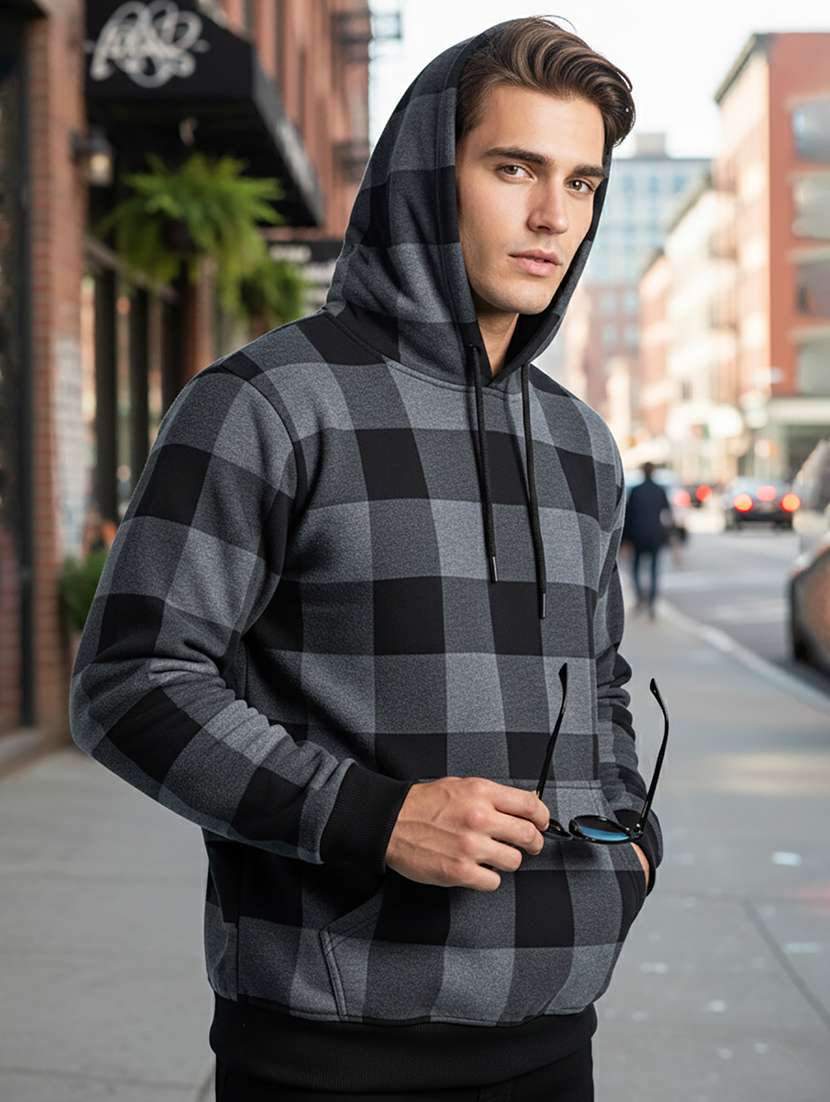 men checkered long sleeve hooded sweatshirt