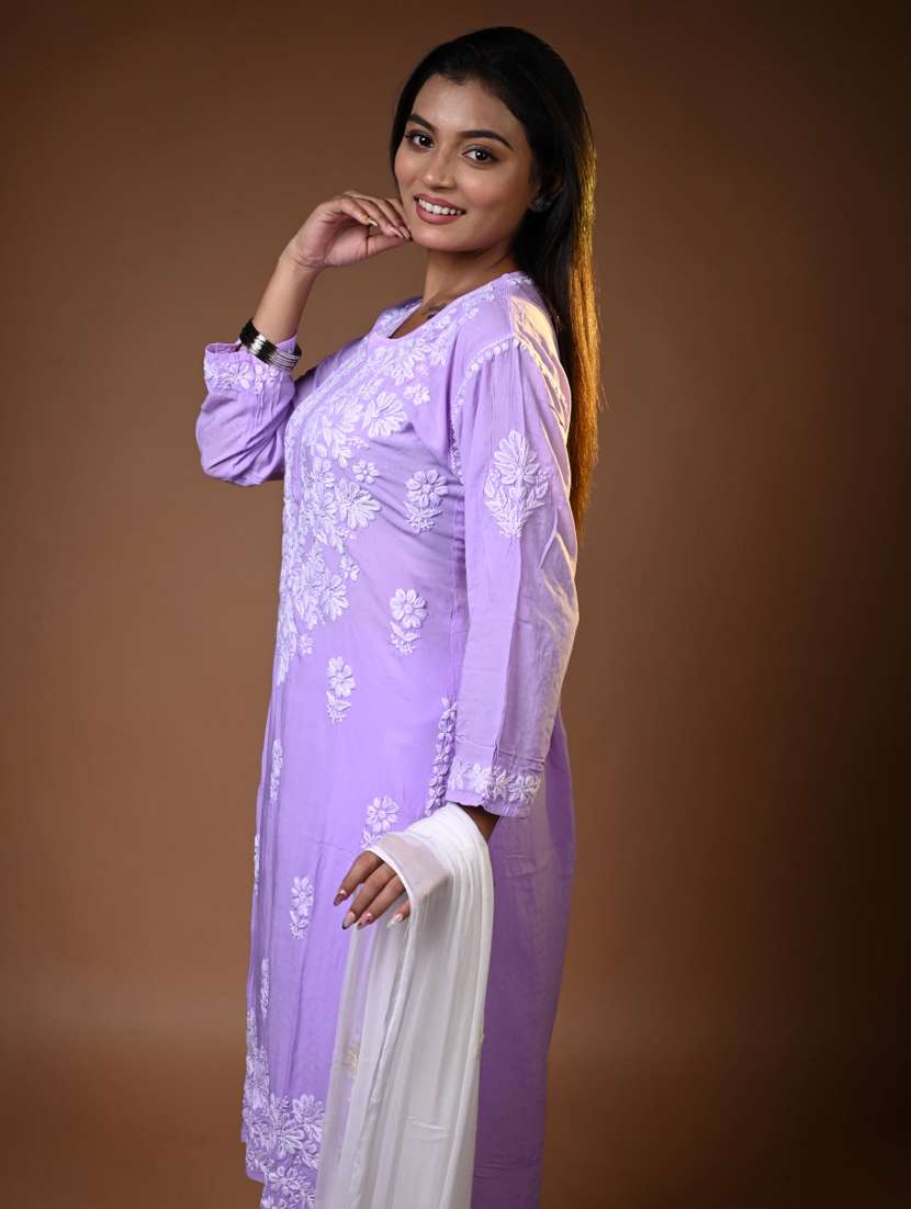 women solid with work long sleeve chikankari straight kurta