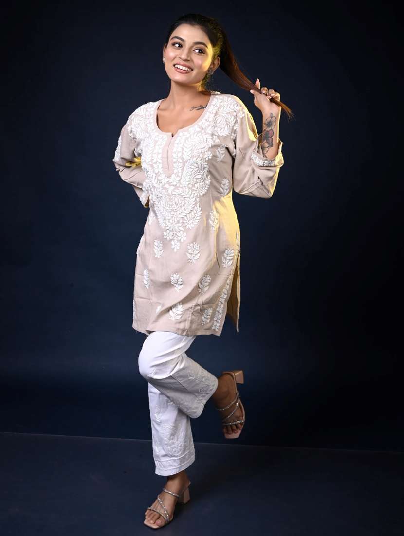 women long sleeve straight chikankari kurti