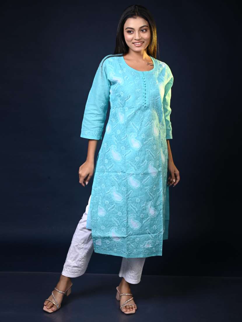 women three quarter sleeve sleeve straight chikankari kurta