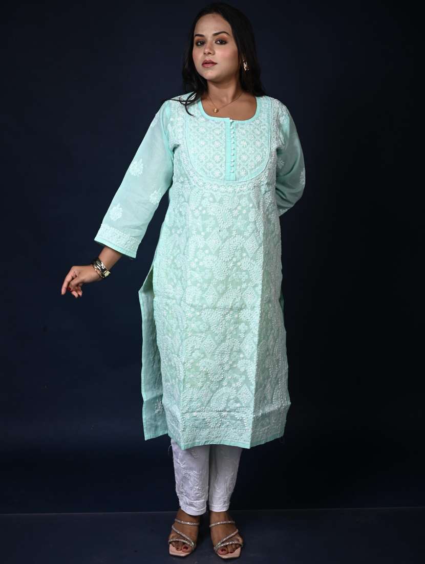 women three quarter sleeve straight chikankari kurta