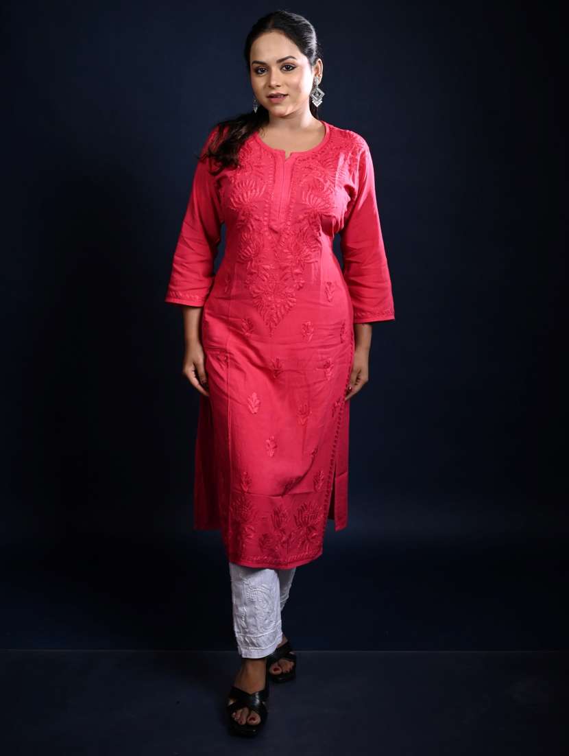 women three quarter sleeve straight chikankari kurta