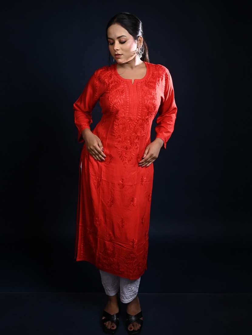 women three quarter sleeve straight chikankari kurta