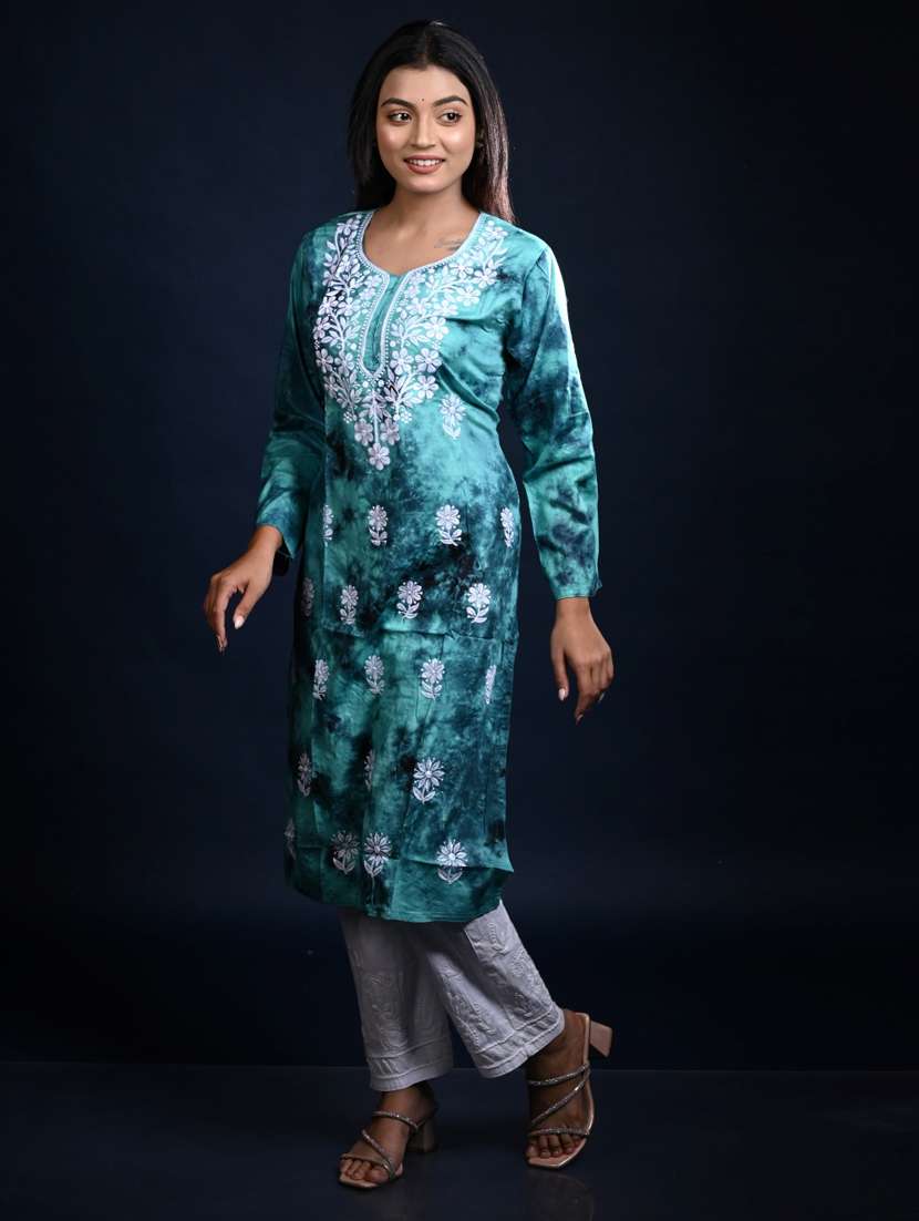 women three quarter sleeve straight chikankari kurta