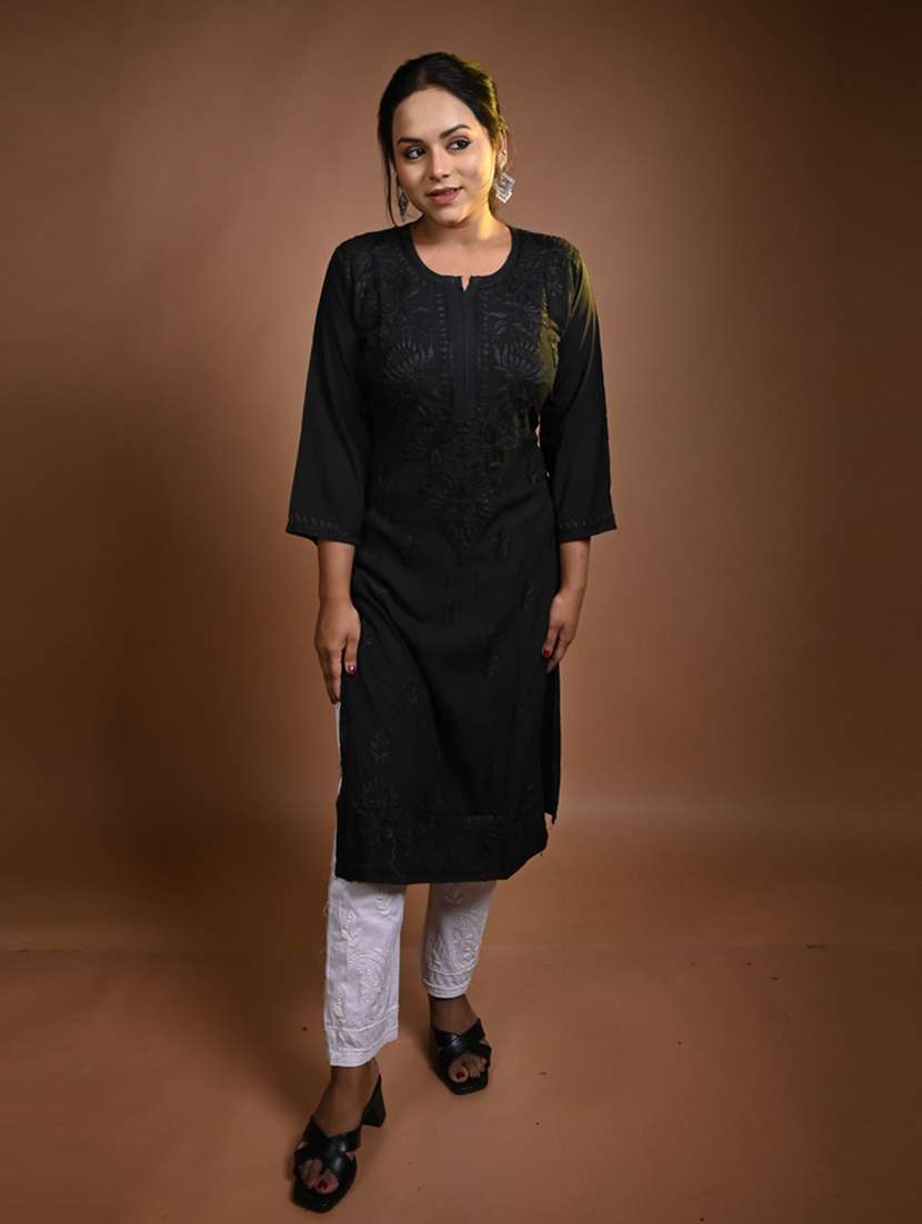 women three quarter sleeve straight chikankari kurta