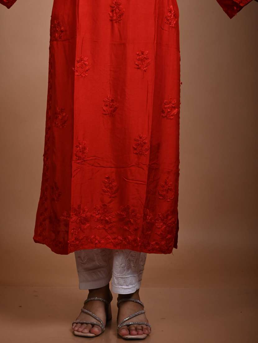 women long sleeve straight chikankari kurta - 22268737 -  Standard Image - 3