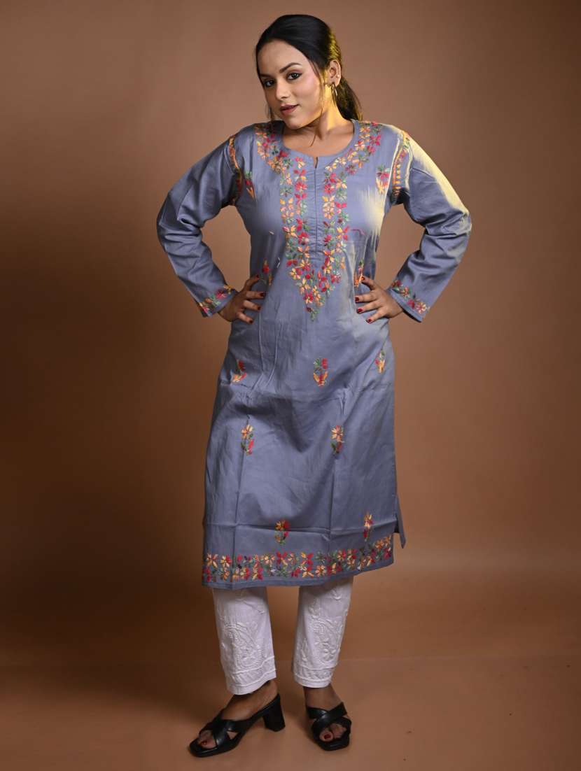 women long sleeve straight chikankari kurta