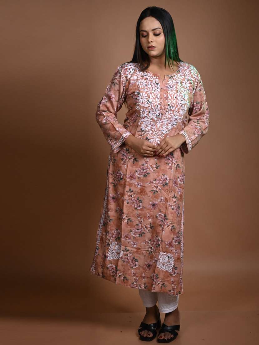 women floral long sleeve chikankari straight kurta