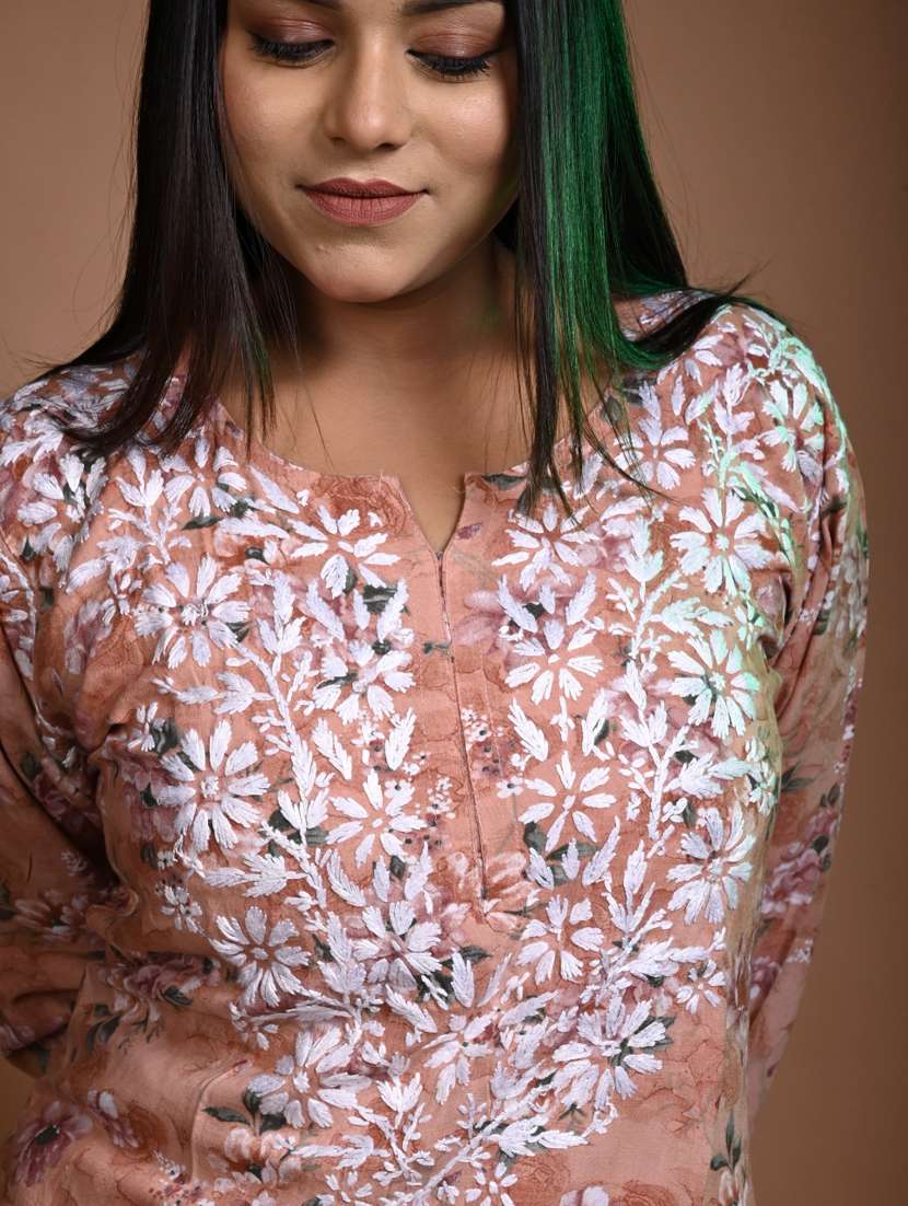 women floral long sleeve chikankari straight kurta - 22268759 -  Standard Image - 3