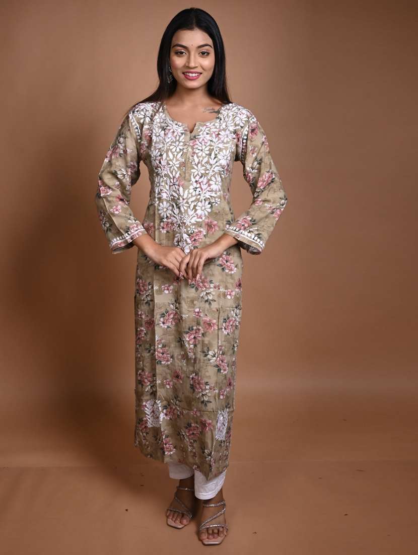 women floral long sleeve straight kurta