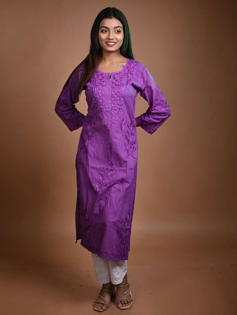 women solid with work three quarter sleeve  straight kurta