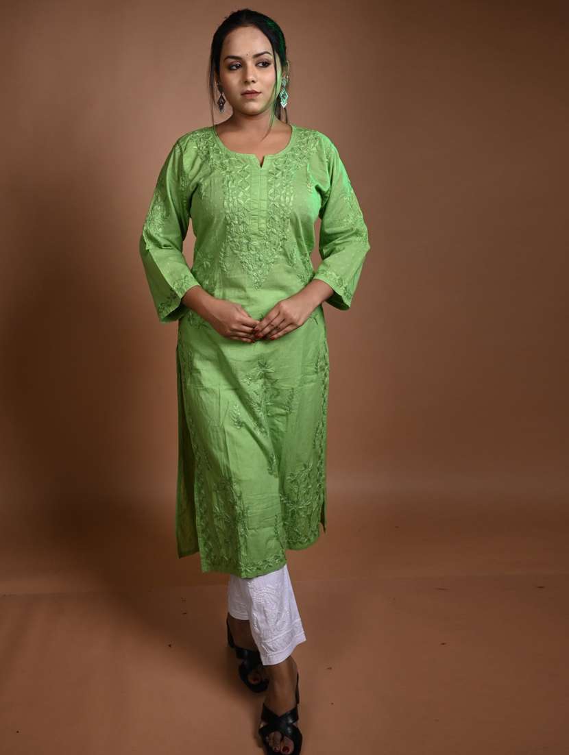 women solid with work three quarter sleeve straight kurta