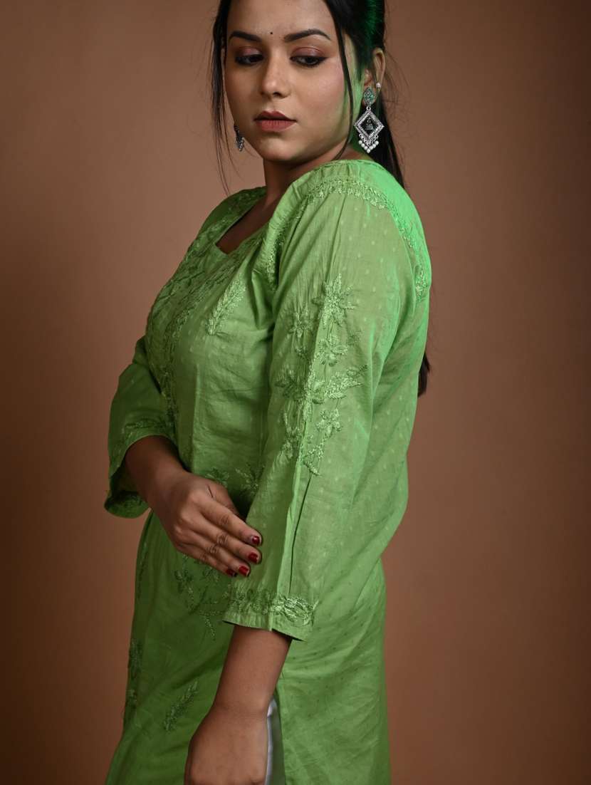 women solid with work three quarter sleeve straight kurta - 22268771 -  Standard Image - 3