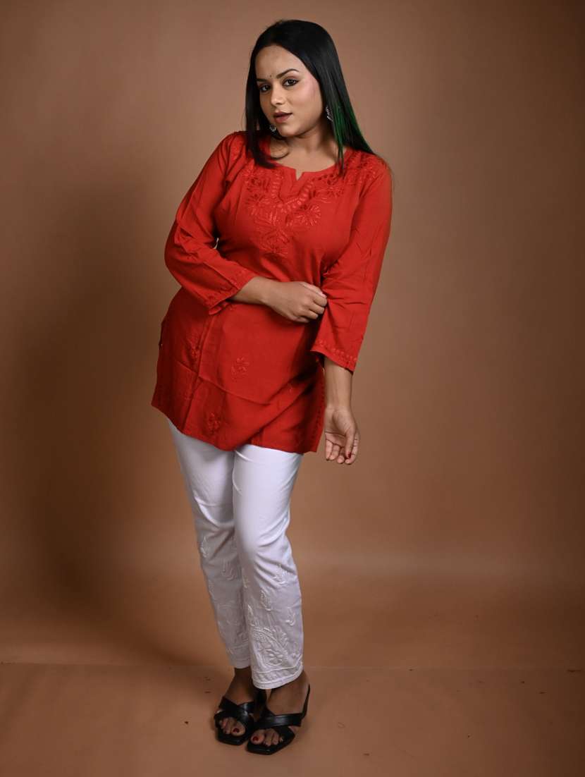 women solid with work long sleeve straight kurti