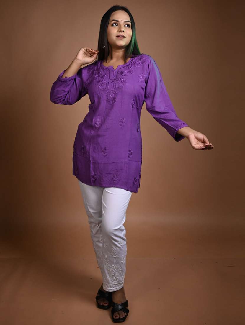 women solid with work long sleeve straight kurti