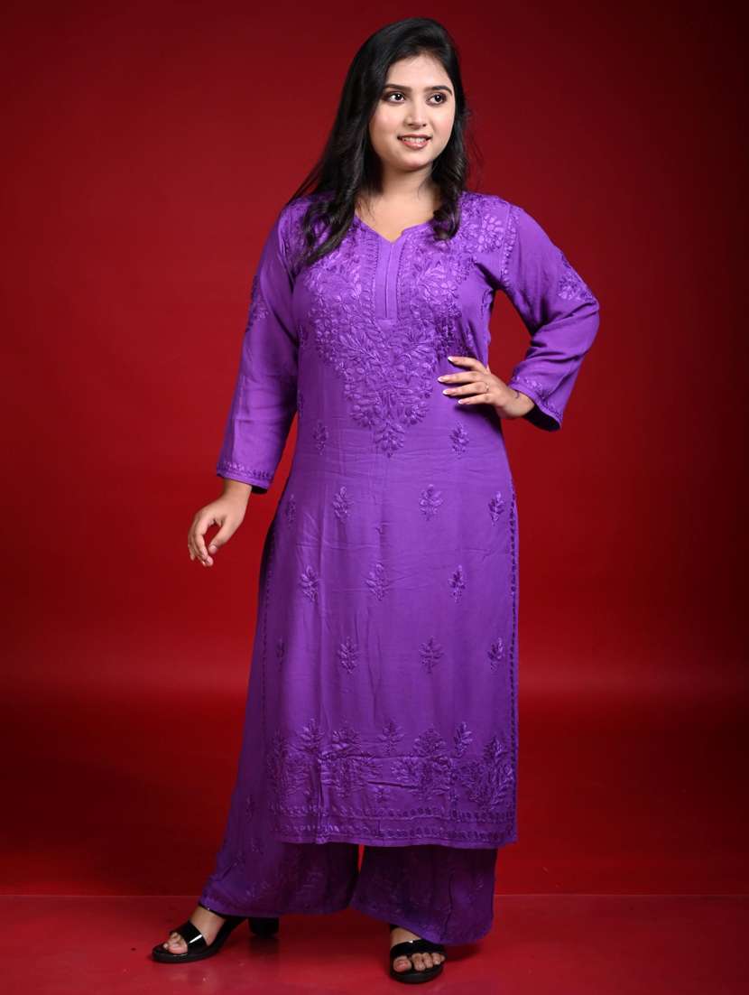 women solid with work long sleeve kurta palazzo set