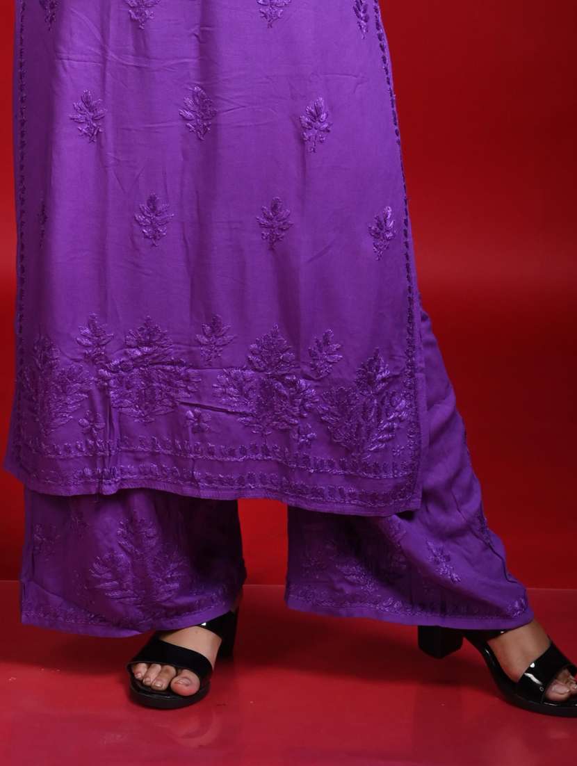 women solid with work long sleeve kurta palazzo set - 22268777 -  Standard Image - 3