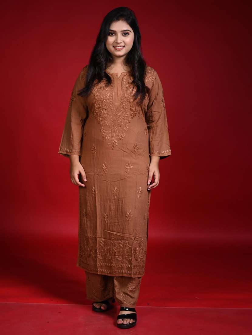 women solid with work long sleeve kurta palazzo set