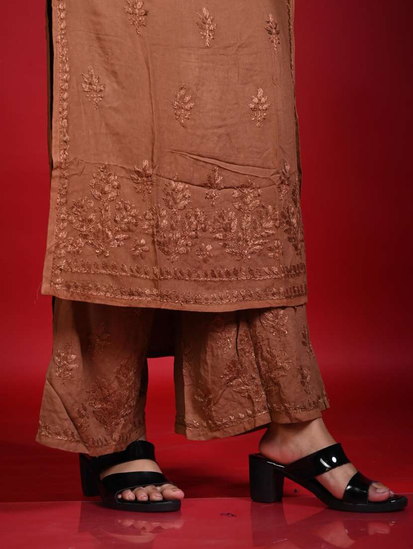 women solid with work long sleeve kurta palazzo set - 22268781 -  Standard Image - 3