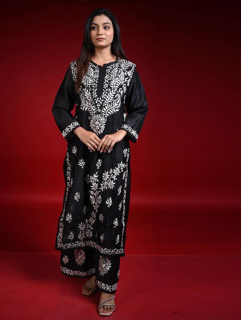 women solid with work long sleeve kurta palazzo set