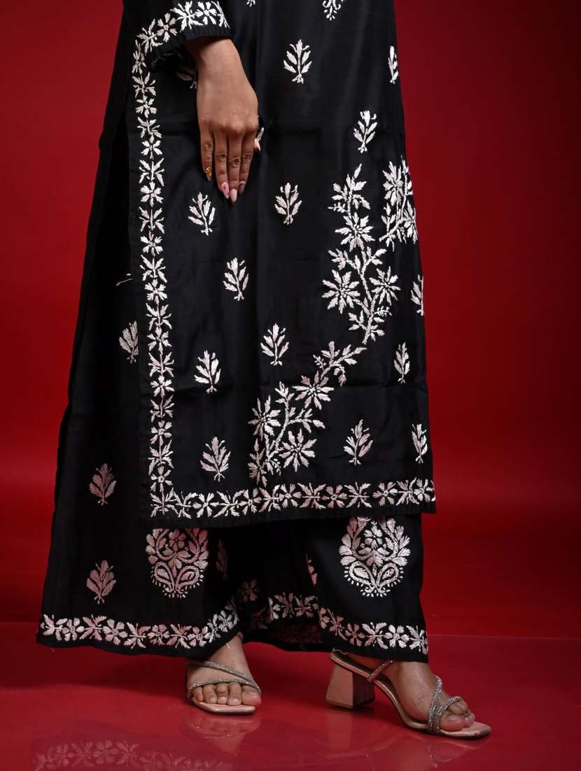 women solid with work long sleeve kurta palazzo set - 22268792 -  Standard Image - 3