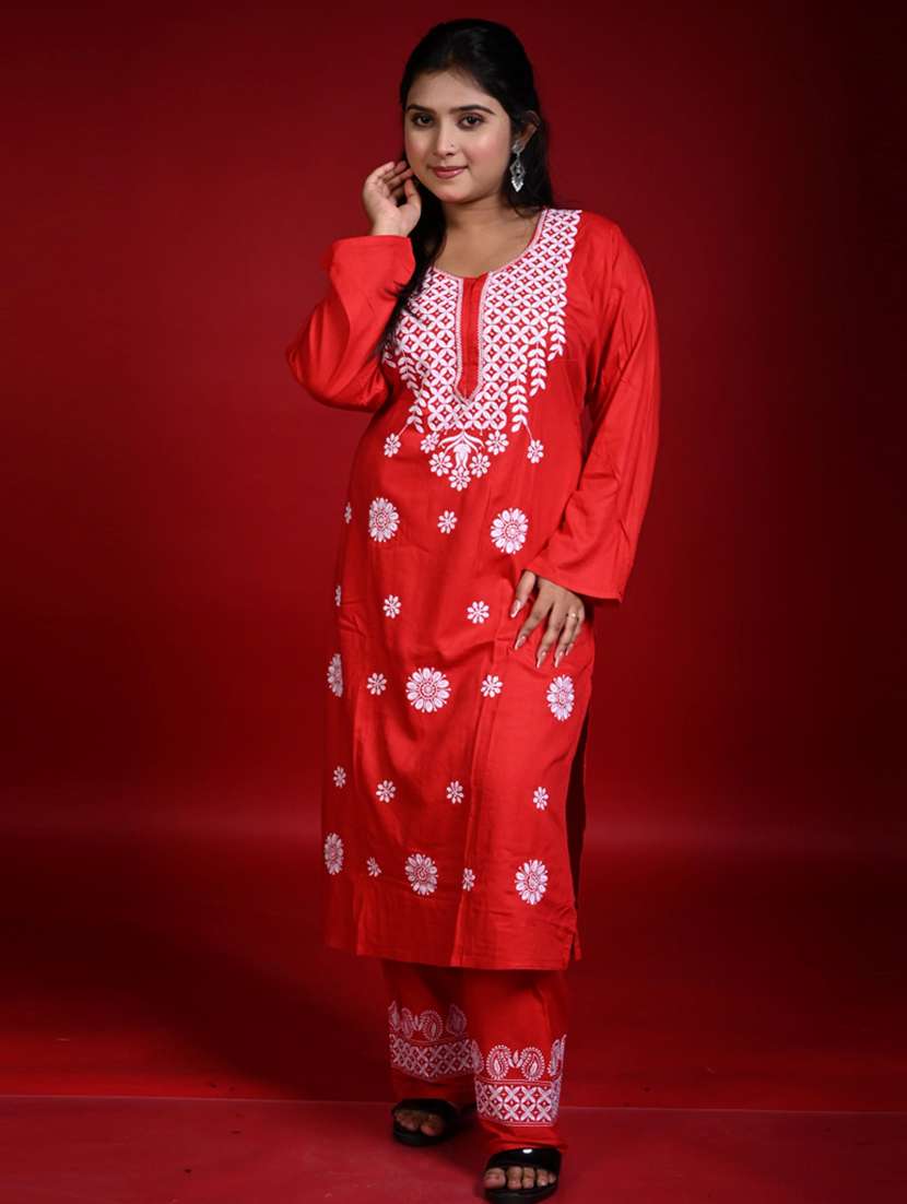 women solid with work long sleeve kurta pant set