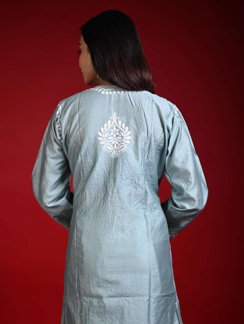 women solid with work notch neck kurta palazzo set - 22268796 -  Standard Image - 3