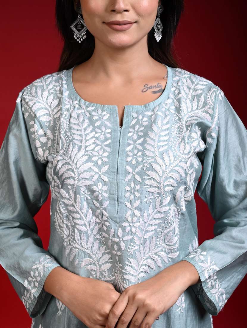 women solid with work notch neck kurta palazzo set - 22268796 -  Standard Image - 5