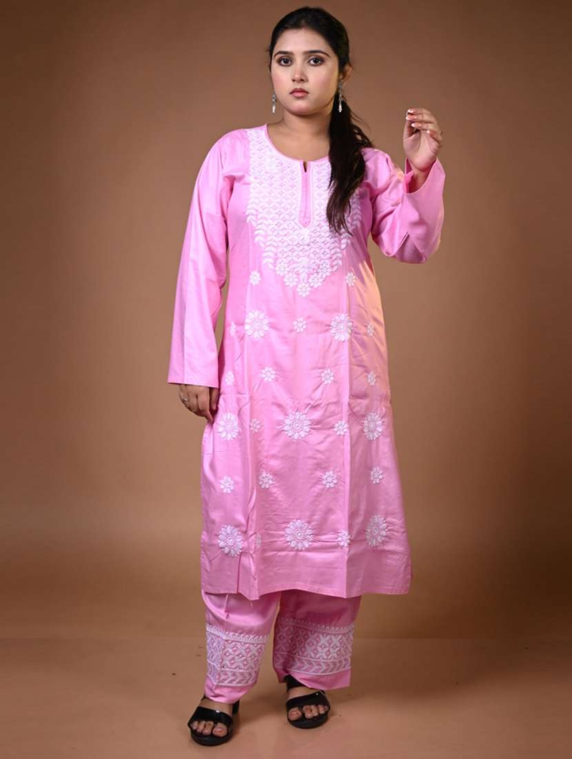 women solid with work long sleeve kurta pant set