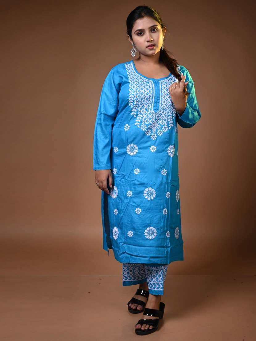 women solid with work long sleeve kurta pant set