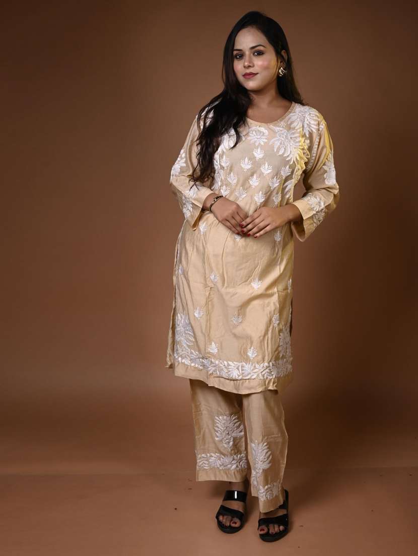 women solid with work long sleeve kurta palazzo set