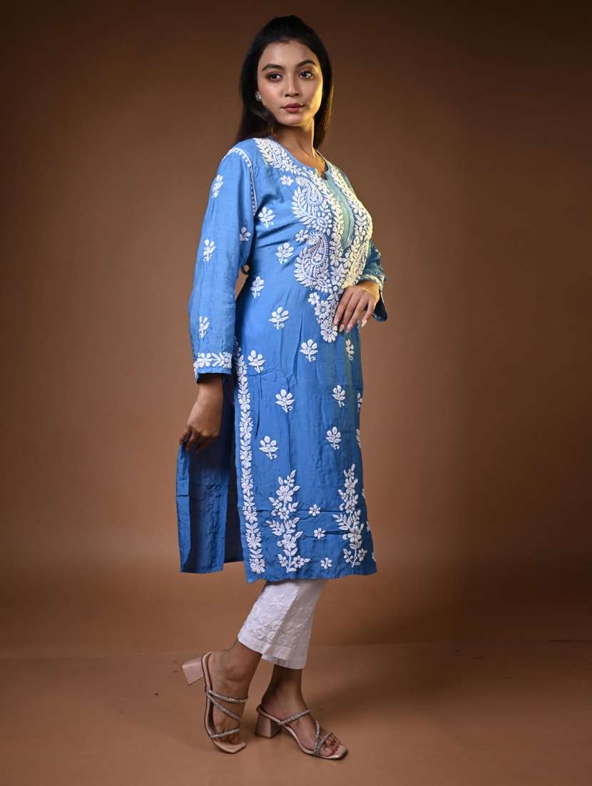 women solid with work long sleeve kurta pant set