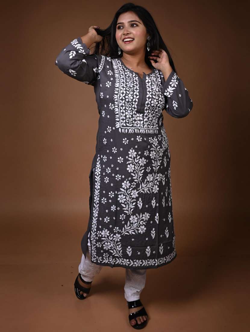 women solid with work long sleeve kurta pant set