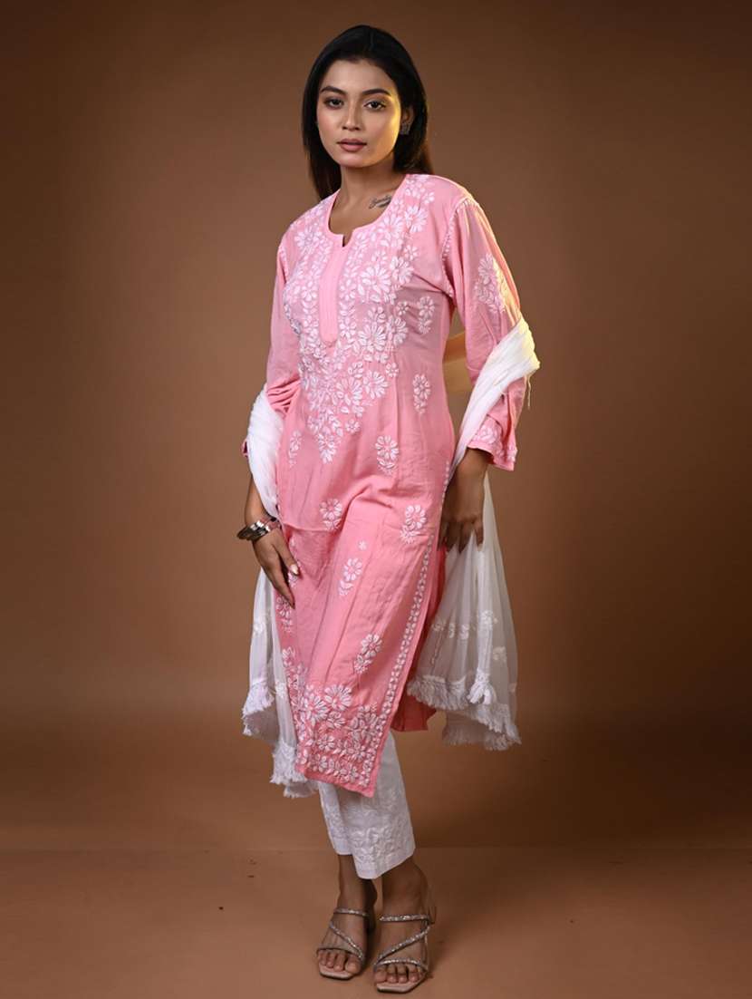 women solid with work long sleeve kurta pant set