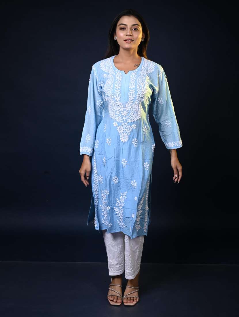 women solid with work three quarter sleeve kurta pant set