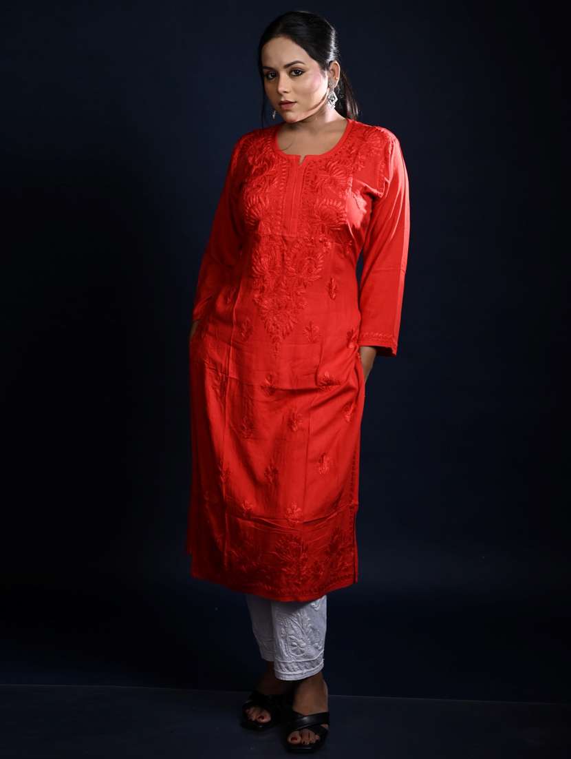 women solid with work long sleeve kurta pant set