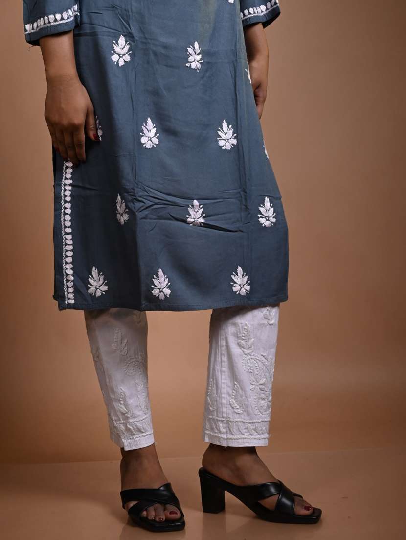 women solid with work three quarter sleeve kurta pant set - 22268877 -  Standard Image - 3